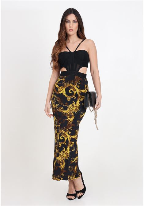 Long black women's dress with bustier bodice and watercolor baroque gold skirt VERSACE JEANS COUTURE | 76HAO903JS291G89